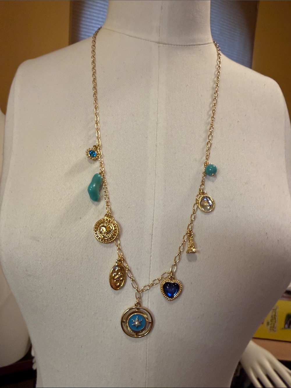 J. Crew Factory Gold-Tone Necklace with Blue and Teal Charms